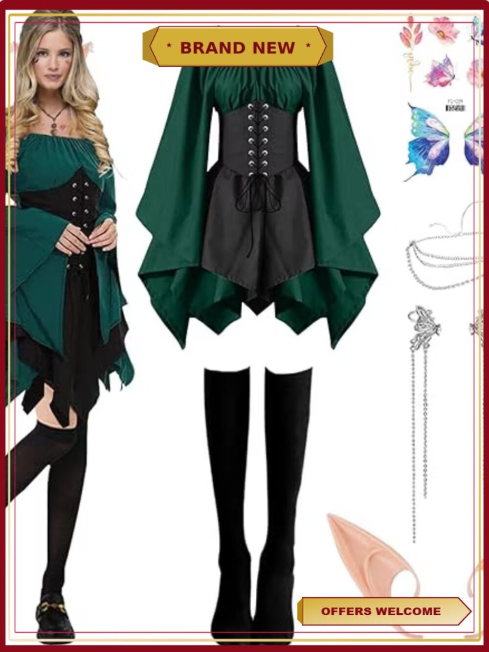 Women Elf Costume Medieval Renaissance Dress Halloween Cosplay Set with Elf Ears
